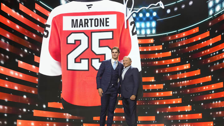 Jun 27, 2025; Los Angeles, California, USA; Porter Martone is selected as the sixth overall pick to the Philadelphia Flyers in the first round of the 2025 NHL Draft at Peacock Theater. Mandatory Credit: Kirby Lee-Imagn Images