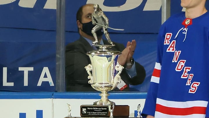 Apr 29, 2021; New York, New York, USA;  The Steven McDonald Extra Effort Award is presented to Adam