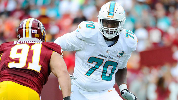 Tackle Ja'Wuan James prepares to block Washington outside linebacker Ryan Kerrigan during the 2015 season opener at FedEx Field. Tackle Ja'Wuan James prepares to block Washington outside linebacker Ryan Kerrigan during the 2015 season opener at FedEx Field.