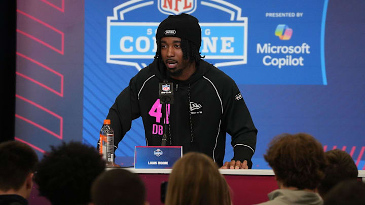 Louis Moore meets with the media at the 2026 NFL Combine.