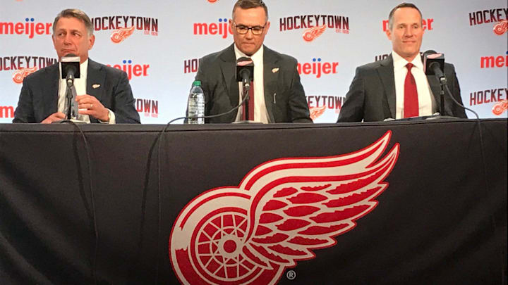From left: Ken Holland, Steve Yzerman and Christopher Ilitch at Little Caesars Arena in Detroit on April 19, 2019.

Wings Conference2