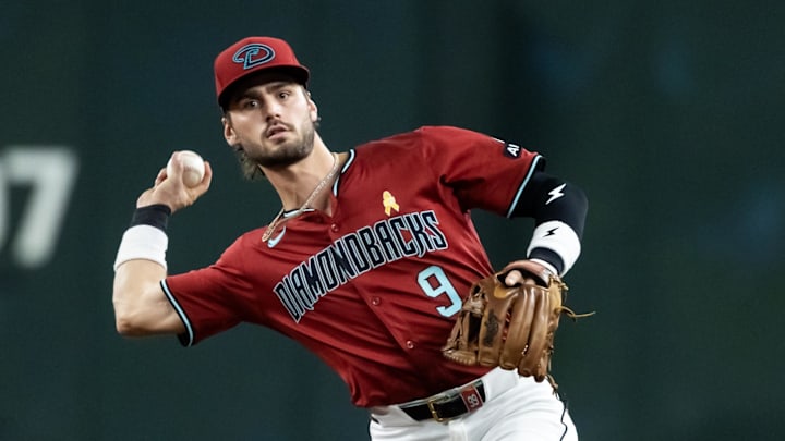 Sep 7, 2025; Phoenix, Arizona, USA; Arizona Diamondbacks infielder Blaze Alexander against the Boston Red Sox at Chase Field. Mandatory Credit: Mark J. Rebilas-Imagn Images