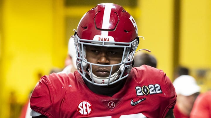Alabama Crimson Tide defensive lineman Tim Smith (50) against the Georgia Bulldogs in the 2022 CFP college football national championship game at Lucas Oil Stadium. Alabama Crimson Tide defensive lineman Tim Smith (50) against the Georgia Bulldogs in the 2022 CFP college football national championship game at Lucas Oil Stadium.