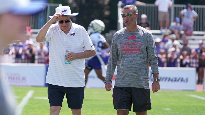 Terry Pegula, owner and CEO/President of the Buffalo Bills, and general manager Brandon Beane talk while walking off the field at the end of practice at the Bills' training camp at St. John Fisher University in Pittsford, New York, on July 24, 2025. Terry Pegula, owner and CEO/President of the Buffalo Bills, and general manager Brandon Beane talk while walking off the field at the end of practice at the Bills' training camp at St. John Fisher University in Pittsford, New York, on July 24, 2025.