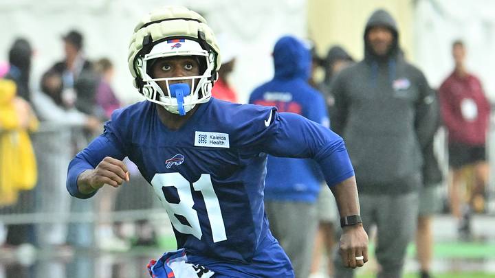 Jul 29, 2026; Rochester, NY, USA; Buffalo Bills wide receiver Trent Sherfield (81) runs a pass pattern during training camp at St. John Fisher University. Jul 29, 2026; Rochester, NY, USA; Buffalo Bills wide receiver Trent Sherfield (81) runs a pass pattern during training camp at St. John Fisher University.