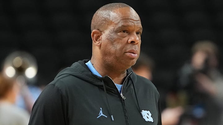 Mar 18, 2026; Greenville, SC, USA; North Carolina Tar Heels head coach Hubert Davis during a practice session ahead of the first round of the men's 2026 NCAA Tournament at Bon Secours Wellness Arena. Mandatory Credit: Bob Donnan-Imagn Images