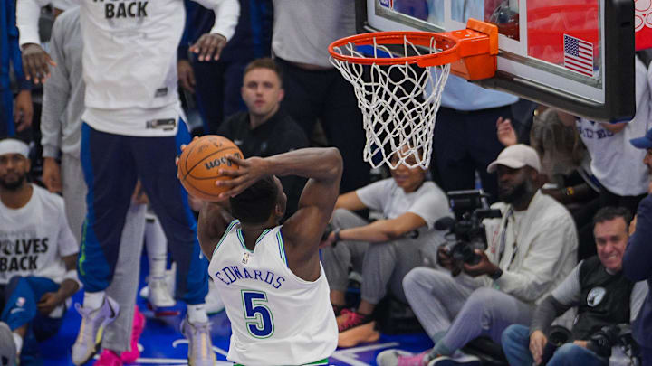 May 16, 2024; Minneapolis, Minnesota, USA; Minnesota Timberwolves guard Anthony Edwards (5) dunks May 16, 2024; Minneapolis, Minnesota, USA; Minnesota Timberwolves guard Anthony Edwards (5) dunks