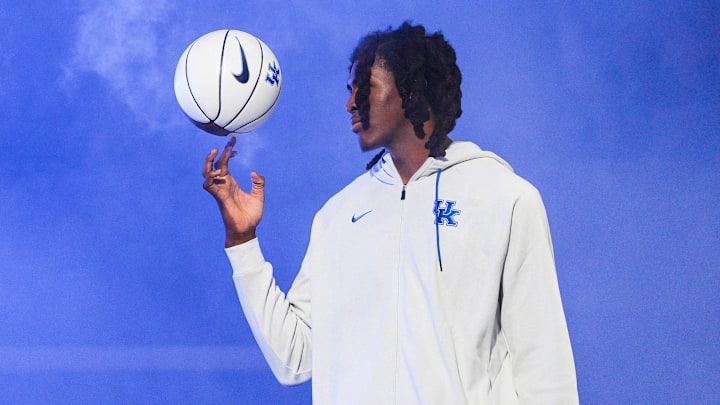 Kentucky Wildcats forward Jayden Quaintance spins a basketball while being introduced at the 2025 Big Blue Madness at Rupp Arena in Lexington, Kentucky Saturday, Oct. 11, 2025.