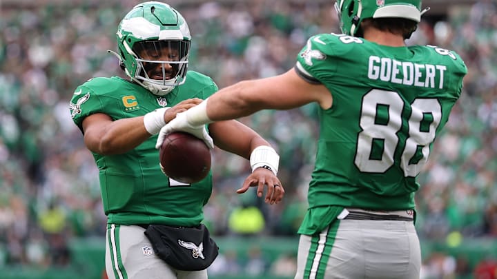 Oct 26, 2025; Philadelphia, Pennsylvania, USA; Philadelphia Eagles tight end Dallas Goedert (88) celebrates with quarterback Jalen Hurts (1) after scoring a touchdown against the New York Giants in the fourth quarter at Lincoln Financial Field. Mandatory Credit: Bill Streicher-Imagn Images Oct 26, 2025; Philadelphia, Pennsylvania, USA; Philadelphia Eagles tight end Dallas Goedert (88) celebrates with quarterback Jalen Hurts (1) after scoring a touchdown against the New York Giants in the fourth quarter at Lincoln Financial Field. Mandatory Credit: Bill Streicher-Imagn Images