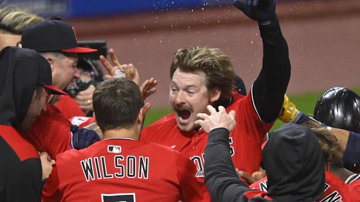 Apr 29, 2025; Cleveland, Ohio, USA; Cleveland Guardians designated hitter Kyle Manzardo (9) celebrates his game-winning solo home run in the ninth inning against the Minnesota Twins at Progressive Field. Mandatory Credit: David Richard-Imagn Images Apr 29, 2025; Cleveland, Ohio, USA; Cleveland Guardians designated hitter Kyle Manzardo (9) celebrates his game-winning solo home run in the ninth inning against the Minnesota Twins at Progressive Field. Mandatory Credit: David Richard-Imagn Images