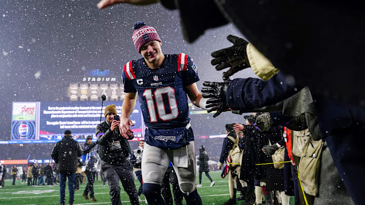 Jan 18, 2026; Foxborough, MA, USA; New England Patriots quarterback Drake Maye (10) exits the field after defeating the Houston Texans in an AFC Divisional Round game at Gillette Stadium. Mandatory Credit: David Butler II-Imagn Images