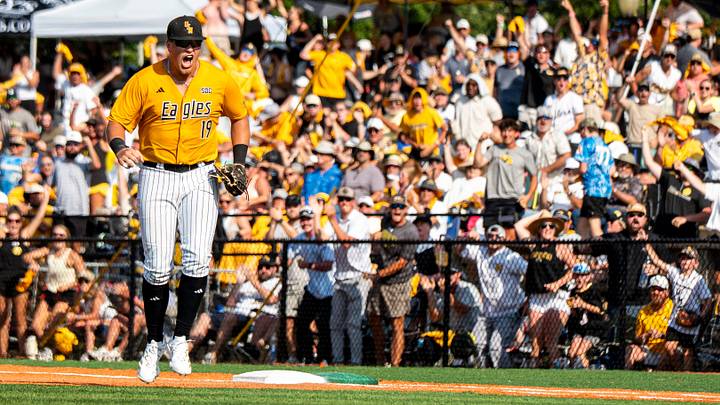 Southern Miss infielder Matthew Russo (19) celebrates during an NCAA Baseball Regional game between Southern Miss and Virginia at Pete Taylor Park in Hattiesburg, Miss., on Saturday, May 30, 2026. Virginia defeated Southern Miss 15-11 in 10 innings.