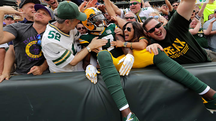 Former Green Bay Packers wide receiver Davante Adams (17) celebrates a touchdown with a Lambeau Leap in Green Bay, WI.