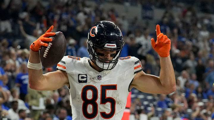 Chicago Bears tight end Cole Kmet (85) celebrates a touchdown Sunday, Sept. 22, 2024, during a game against the Indianapolis Colts at Lucas Oil Stadium in Indianapolis.