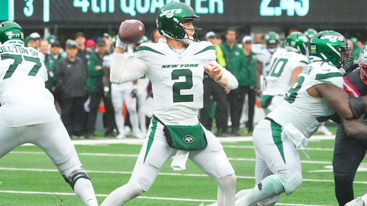 Sep 24, 2023; East Rutherford, New Jersey, USA; New York Jets quarterback Zach Wilson (2) throws in