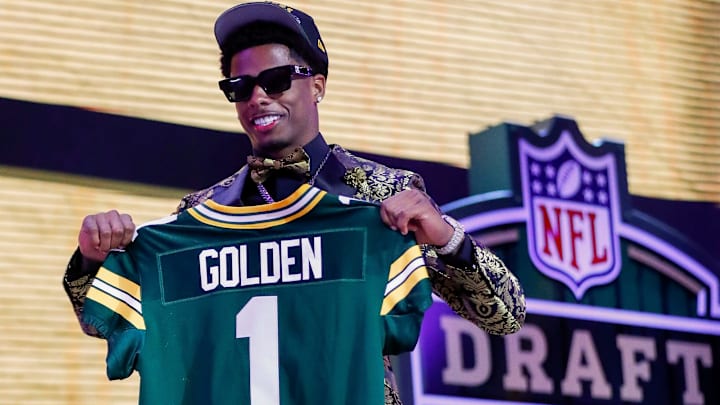 Wide receiver Matthew Golden holds a Green Bay Packers jersey after being selected with the 23rd pick during the first round of the 2025 NFL Draft on Thursday, April 24, 2025, at Lambeau Field in Green Bay, Wisconsin. The draft runs through April 26.
Tork Mason/USA TODAY NETWORK-Wisconsin