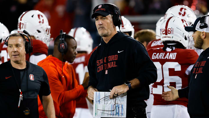 Stanford Cardinal head coach Frank Reich looks on during the second quarter against the Cal Golden Bears