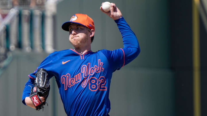 New York Mets pitcher Brandon Waddell (82) during the third inning of their game with the Boston Red Sox at JetBlue Park at Fenway South in Fort Myers, Fla., on March 2, 2025. New York Mets pitcher Brandon Waddell (82) during the third inning of their game with the Boston Red Sox at JetBlue Park at Fenway South in Fort Myers, Fla., on March 2, 2025.