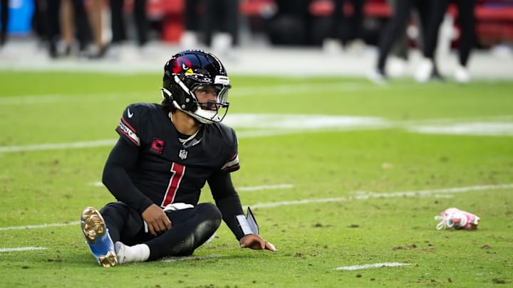 Dec 8, 2024; Glendale, Arizona, USA; Arizona Cardinals quarterback Kyler Murray (1) reacts after being sacked on the final play of the against the Seattle Seahawks at State Farm Stadium. Mandatory Credit: Mark J. Rebilas-Imagn Images Dec 8, 2024; Glendale, Arizona, USA; Arizona Cardinals quarterback Kyler Murray (1) reacts after being sacked on the final play of the against the Seattle Seahawks at State Farm Stadium. Mandatory Credit: Mark J. Rebilas-Imagn Images