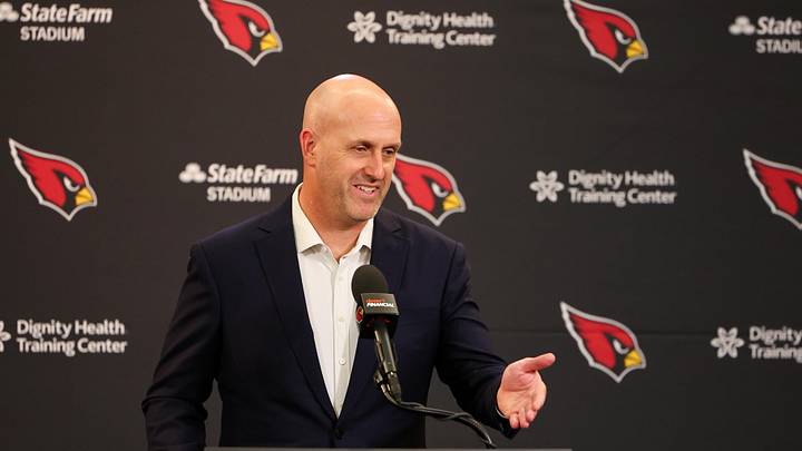 Apr 24, 2026; Phoenix, AZ, USA; Arizona Cardinals general manager Monti Ossenfort introduces Arizona Cardinals first-round draft pick Jeremiyah Love during the press conference at Dignity Health Arizona Cardinals Training Center. Mandatory Credit: Anna Carrington-Imagn Images