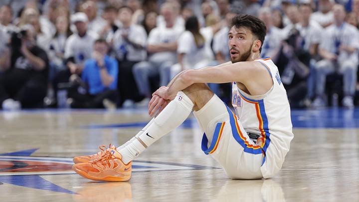 May 26, 2026; Oklahoma City, Oklahoma, USA; Oklahoma City Thunder center Chet Holmgren (7) reacts after a play during the third quarter against the San Antonio Spurs in game five of the western conference finals for the 2026 NBA playoffs at Paycom Center. Mandatory Credit: Alonzo Adams-Imagn Images