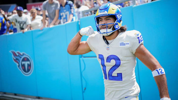 Los Angeles Rams wide receiver Puka Nacua (12) celebrates his touchdown against the Tennessee Titans during the first quarter at Nissan Stadium in Nashville, Tenn., Sunday, Sept. 14, 2025. Los Angeles Rams wide receiver Puka Nacua (12) celebrates his touchdown against the Tennessee Titans during the first quarter at Nissan Stadium in Nashville, Tenn., Sunday, Sept. 14, 2025.