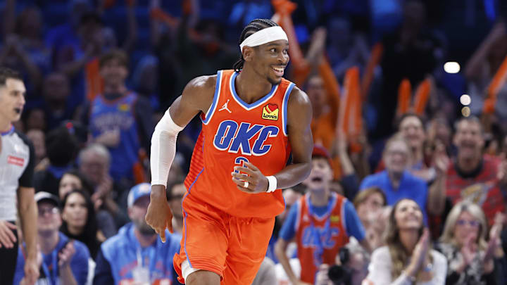 Nov 11, 2024; Oklahoma City, Oklahoma, USA; Oklahoma City Thunder guard Shai Gilgeous-Alexander (2) smiles after scoring against the Los Angeles Clippers during the fourth quarter at Paycom Center. Mandatory Credit: Alonzo Adams-Imagn Images Nov 11, 2024; Oklahoma City, Oklahoma, USA; Oklahoma City Thunder guard Shai Gilgeous-Alexander (2) smiles after scoring against the Los Angeles Clippers during the fourth quarter at Paycom Center. Mandatory Credit: Alonzo Adams-Imagn Images