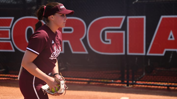 Mississippi State pitcher Peja Goold warms up before a SEC game against Georgia in Athens.