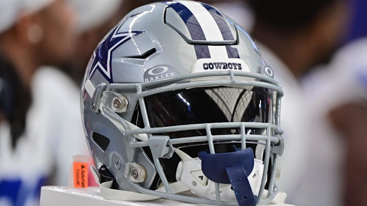 Sep 24, 2023; Glendale, Arizona, USA;  Detail view of a Dallas Cowboys helmet in the second half against the Arizona Cardinals at State Farm Stadium. Mandatory Credit: Matt Kartozian-Imagn Images