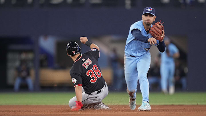 May 4, 2025; Toronto, Ontario, CAN; Toronto Blue Jays second baseman Andres Gimenez (0) throws to first to complete a double play against Cleveland Guardians left fielder Steven Kwan (38) and right fielder Jhonkensy Noel (not pictured) during the seventh inning at Rogers Centre. Mandatory Credit: John E. Sokolowski-Imagn Images