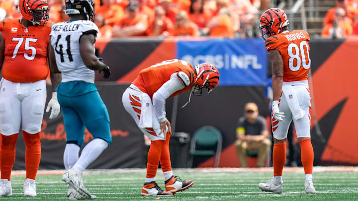 Cincinnati Bengals quarterback Joe Burrow (9) is injured on a play in the second quarter of the NFL Week 2 game between the Cincinnati Bengals and the Jacksonville Jaguars at Paycor Stadium in downtown Cincinnati on Sunday, Sept. 14, 2025. The Jaguars led 17-10 at halftime.