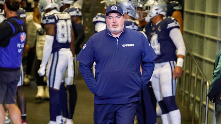 Oct 13, 2024; Arlington, Texas, USA; Dallas Cowboys Head Coach Mike McCarthy comes out of the tunnel prior to the game against the Detroit Lions at AT&T Stadium. Mandatory Credit: Andrew Dieb-Imagn Images
