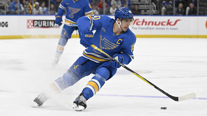 Jan 16, 2026; St. Louis, Missouri, USA; St. Louis Blues center Brayden Schenn (10) skates against the Tampa Bay Lightning during the second period at Enterprise Center. Mandatory Credit: Jeff Le-Imagn Images