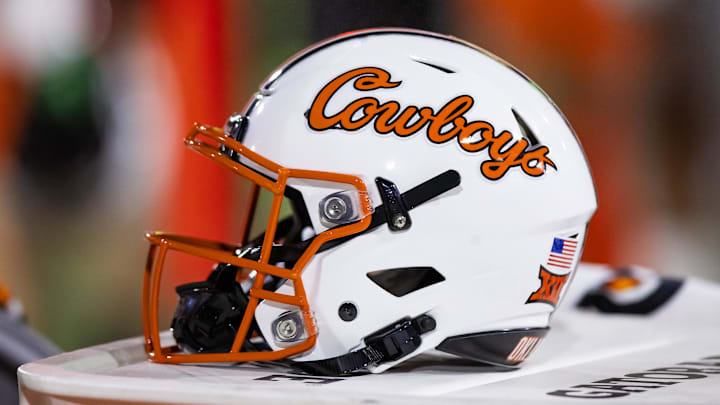 Sep 9, 2023; Tempe, Arizona, USA; Detailed view of an Oklahoma State Cowboys helmet at Mountain America Stadium. Mandatory Credit: Mark J. Rebilas-Imagn Images