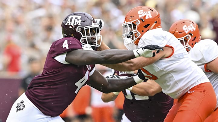 Sep 3, 2022; College Station, Texas, USA;  Texas A&M Aggies defensive lineman Shemar Stewart (4) and Sam Houston State Bearkats offensive lineman Jordan Boatman (70) in action during the fourth quarter at Kyle Field. Mandatory Credit: Maria Lysaker-Imagn Images