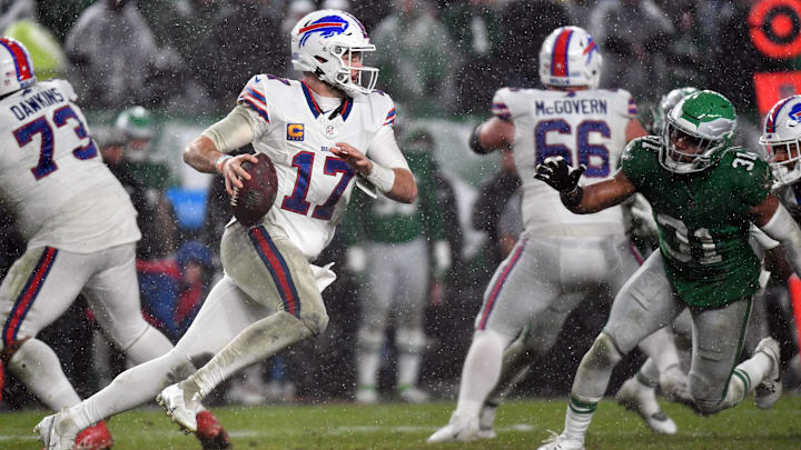 Buffalo Bills quarterback Josh Allen against the Philadelphia Eagles at Lincoln Financial Field. Buffalo Bills quarterback Josh Allen against the Philadelphia Eagles at Lincoln Financial Field.