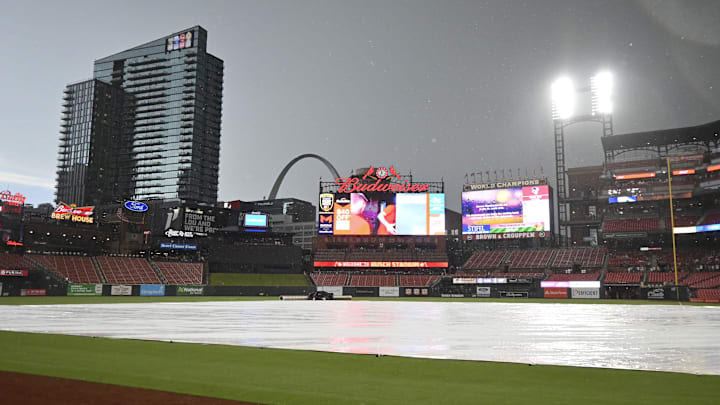 Jun 30, 2023; St. Louis, Missouri, USA; A general view of Busch Stadium during a rain delay prior to the game between the St. Louis Cardinals and the New York Yankees at Busch Stadium. Mandatory Credit: Joe Puetz-Imagn Images