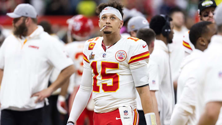 Feb 9, 2025; New Orleans, LA, USA;  Kansas City Chiefs quarterback Patrick Mahomes (15) reacts against the Philadelphia Eagles in Super Bowl LIX at Ceasars Superdome. Mandatory Credit: Mark J. Rebilas-Imagn Images