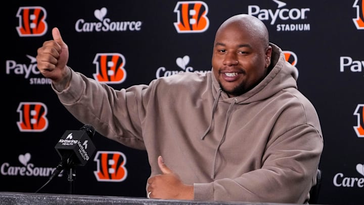 Newly signed Cincinnati Bengals defense tackle Dexter Lawrence speaks in a press conference for the first time since joining the team at Paycor Stadium in Cincinnati on Monday, April 20, 2026.