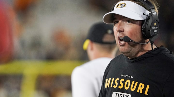 Oct 1, 2022; Columbia, Missouri, USA; Missouri Tigers head coach Eli Drinkwitz reacts on the sidelines against the Georgia Bulldogs during the second half at Faurot Field at Memorial Stadium. Mandatory Credit: Denny Medley-Imagn Images Oct 1, 2022; Columbia, Missouri, USA; Missouri Tigers head coach Eli Drinkwitz reacts on the sidelines against the Georgia Bulldogs during the second half at Faurot Field at Memorial Stadium. Mandatory Credit: Denny Medley-Imagn Images