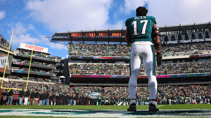 Dec 14, 2025; Philadelphia, Pennsylvania, USA; Philadelphia Eagles linebacker Nakobe Dean (17) stands during the National Anthem before the game against the Las Vegas Raiders at Lincoln Financial Field. Mandatory Credit: Bill Streicher-Imagn Images