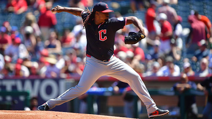 Apr 6, 2025; Anaheim, California, USA; Cleveland Guardians pitcher Luis L. Ortiz (45) throws against the Los Angeles Angels during the first inning at Angel Stadium. Mandatory Credit: Gary A. Vasquez-Imagn Images