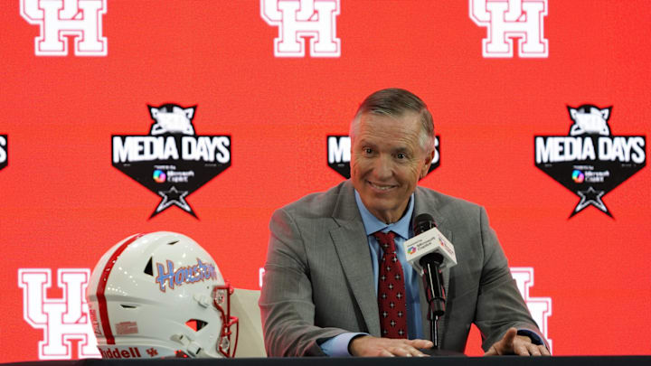 Jul 9, 2025; Frisco, TX, USA; Houston head coach Willie Fritz speaks with the media during 2025 Big 12 Football Media Days at The Star. 