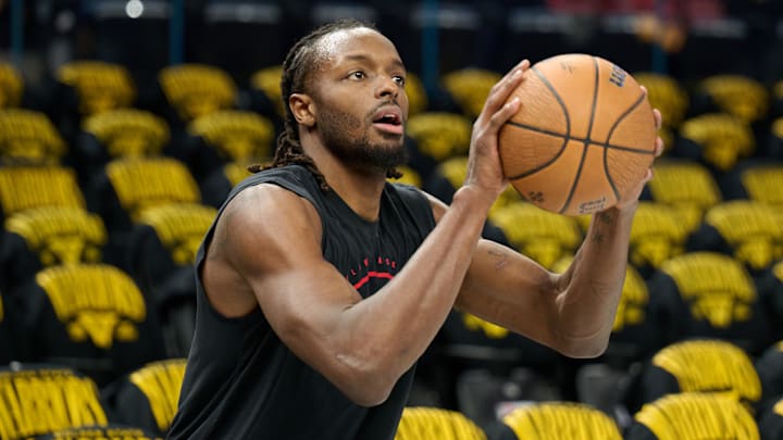 Nov 21, 2025; San Francisco, California, USA; Portland Trail Blazers forward Jerami Grant (9) warms up before the game against the Golden State Warriors at Chase Center. Mandatory Credit: Robert Edwards-Imagn Images