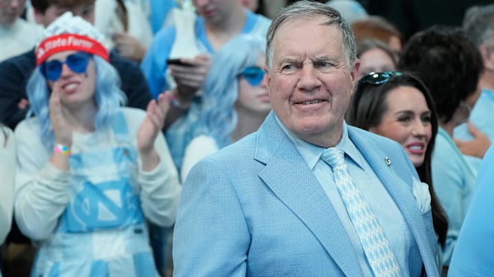 Mar 8, 2025; Chapel Hill, North Carolina, USA; North Carolina Tar Heels football coach Bill Belichick before the game at Dean E. Smith Center. Mandatory Credit: Bob Donnan-Imagn Images Mar 8, 2025; Chapel Hill, North Carolina, USA; North Carolina Tar Heels football coach Bill Belichick before the game at Dean E. Smith Center. Mandatory Credit: Bob Donnan-Imagn Images
