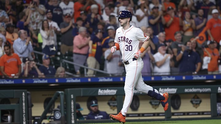 Sep 24, 2024; Houston, Texas, USA; Houston Astros right fielder Kyle Tucker (30) rounds the bases after hitting a home run against the Seattle Mariners  in the fourth inning at Minute Maid Park. 