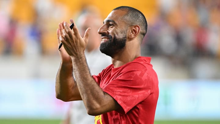 Jul 26, 2024; Pittsburgh, PA, USA; Liverpool forward Mohamed Salah (11) celebrates a win against Real Betis at Acrisure Stadium. Mandatory Credit: Barry Reeger-Imagn Images