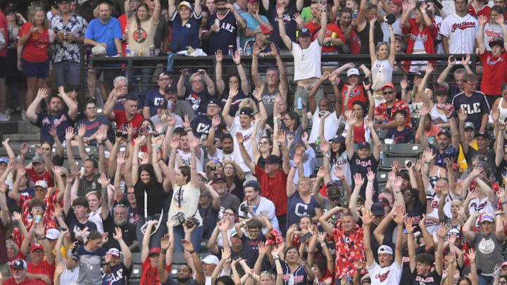 Jul 3, 2024; Cleveland, Ohio, USA; Fans cheer during a game between the Cleveland Guardians and the Chicago White Sox at Progressive Field. Mandatory Credit: David Richard-Imagn Images