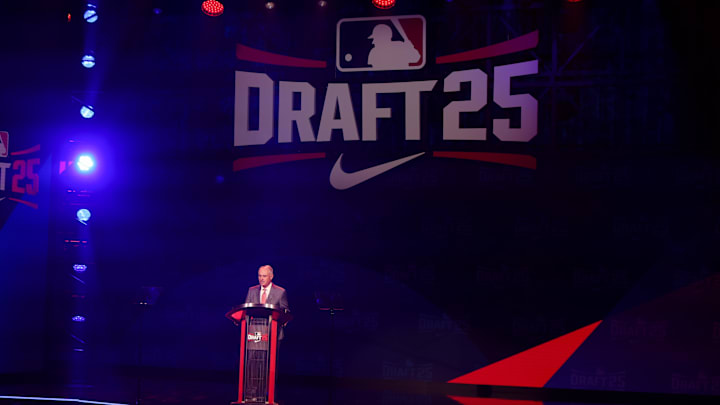 Jul 13, 2025; Atlanta, GA, USA; MLB Commissioner Rob Manfred opens the MLB Draft at The Coca-Cola Roxy. Mandatory Credit: Brett Davis-Imagn Images