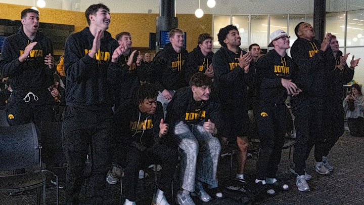The Iowa men’s basketball team react after being named a 9-seed in the NCAA Tournament March 15, 2026 at Carver-Hawkeye Arena in Iowa City, Iowa. The Iowa men’s basketball team react after being named a 9-seed in the NCAA Tournament March 15, 2026 at Carver-Hawkeye Arena in Iowa City, Iowa.